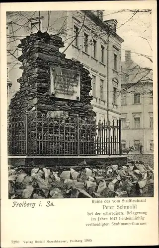 Ak Freiberg in Sachsen, Ruine des Stadtmauerturmes, Gedenkstein Peter Schmohl