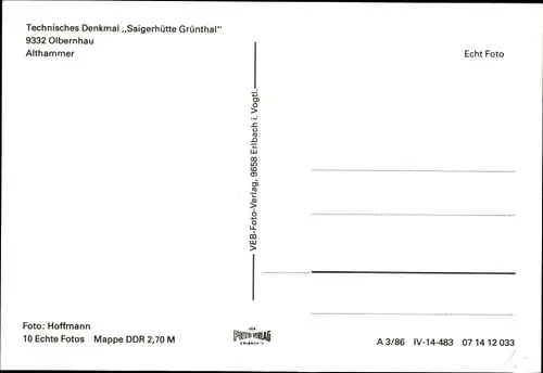 Ak Grünthal Olbernhau im Erzgebirge Sachsen, Techn. Denkmal Saigerhütte, Althammer