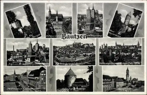 Ak Bautzen in der Lausitz, Zwinger, Rathaus, Dom, Wasserkunst, Kronprinzenbrücke