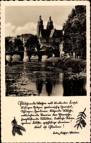 Ak Plauen im Vogtland, Panorama mit Brücke und Kirche, Gedicht