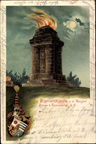 Wappen Litho Reust Rückersdorf Thüringen, Bismarcksäule auf dem Reuster Berg