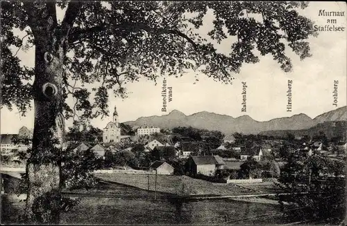 Ak Murnau am Staffelsee, Ortsansicht mit Kirche, Benediktenwald, Rabenkopf, Hirschberg, Jochberg