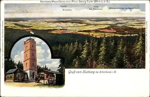 Künstler Ak Schönheide im Erzgebirge Sachsen, Kuhberg, Prinz Georg Turm, Panorama