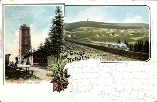 Ak Stützengrün im Erzgebirge Sachsen, Prinz Georg Turm auf dem Kuhberg, Blick auf Ortschaft