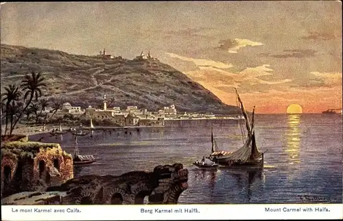 Künstler Ak Perlberg, F., Haifa Israel, Küstenansicht mit Berg Karmel, Segelboot