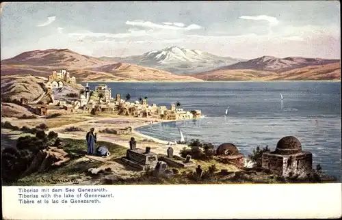 Künstler Ak Perlberg, F., Tiberias Israel, Panorama, See Genezareth