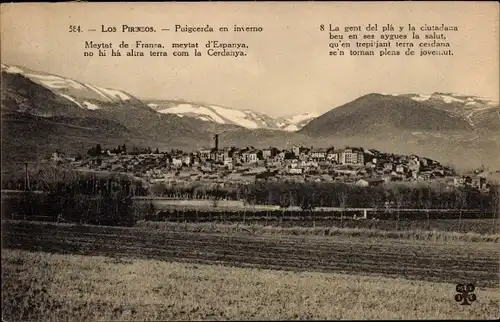 Ak Puigcerda Katalonien, Los Pirineos, Panorama der Stadt, Pyrenäen