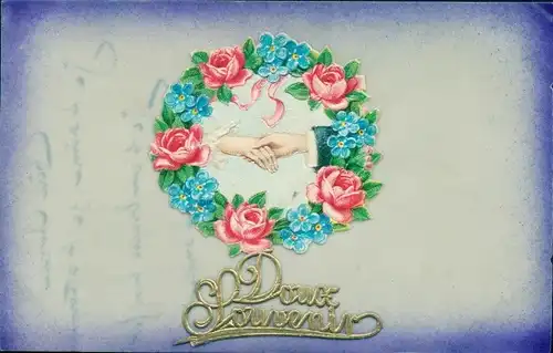 Zelluloid Ak Doux Souvenir, Händedruck, Vergissmeinnicht, Rosen, Kitsch