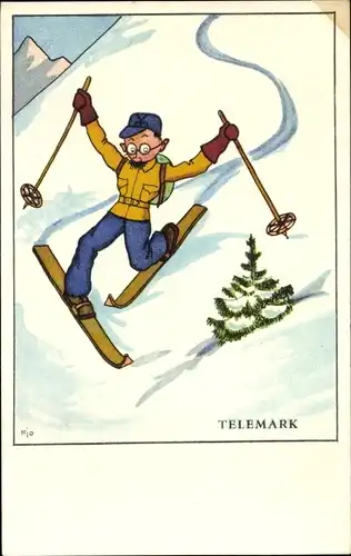 Künstler Ak Telemark, Skispringer bei der Landung