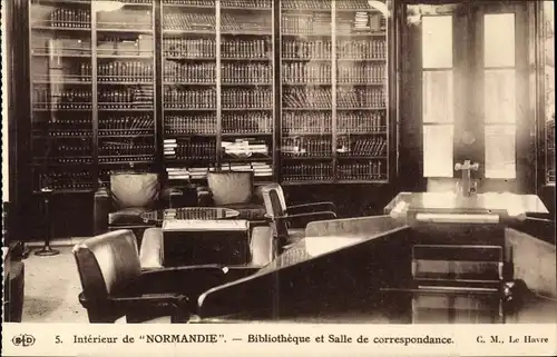 Ak Dampfer, Paquebot Normandie, CGT French Line, Bibliotheque et Salle de correspondance