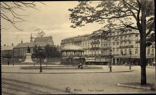 Ak Mons Wallonien Hennegau, Place Léopold, Platz, Pavillon, Denkmal