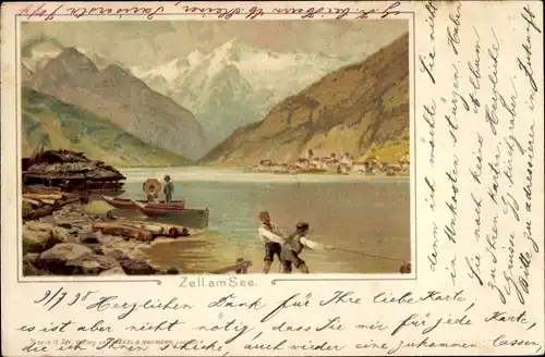 Litho Zell am See in Salzburg, Kinder am See, Berge