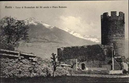 Ak Aosta Aostatal, Torre di Bramafam del XII secolo e Mura Romane