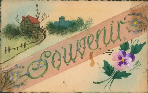 Stoff Ak Souvenir, Stiefmütterchen, Wohnhaus, Kitsch