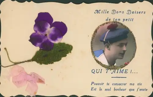 Stoff Glitzer Ak Stiefmütterchen, Stoffschleife, Marinesoldat, Mille Bons Baisers de ton petit