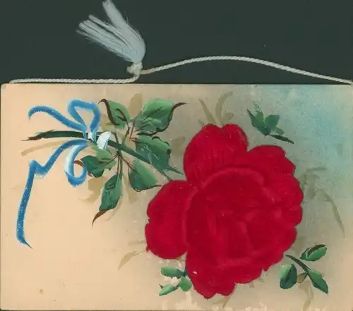 Stoff Ak Rose, Blaue Schleife, Schnur