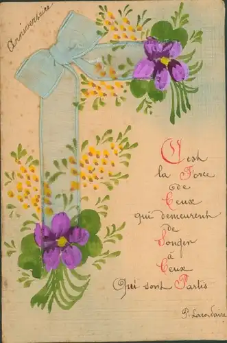 Stoff Ak Stoffschleife, Violette Blumen, Kitsch