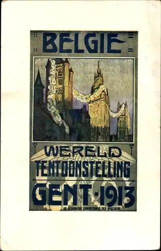 Ak Weltausstellung in Gand 1913, Stadt im Festschmuck, Kirchturm