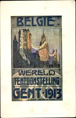 Ak Weltausstellung in Gand 1913, Stadt im Festschmuck, Kirchturm