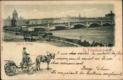 Ak Sankt Petersburg Russland, Pont de Nicolas, Kutsche