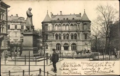 Ak Chemnitz in Sachsen, Becker-Denkmal und Börse