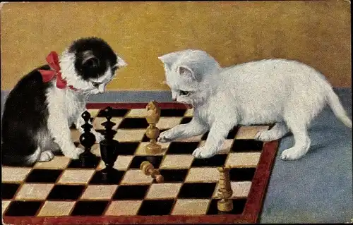 Ak Zwei Katzen spielen Schach