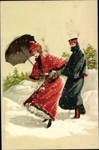 Litho Liebespaar, Spaziergang im Schnee, Winterszene, Soldat, Schirm