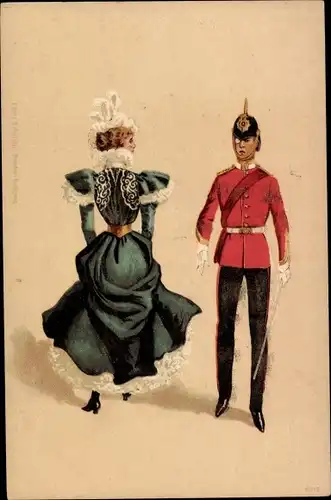 Litho Liebespaar, Frau in grünem Kleid, Hut, Soldat in Uniform