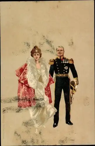 Litho Liebespaar, Soldat in Uniform, Frau in weißem Kleid