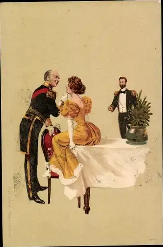 Litho Liebespaar, Soldat in Uniform, Frau auf Tisch sitzend