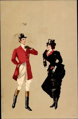 Litho Liebespaar, Frau in schwarzem Kleid, Nobler Mann, Roter Mantel