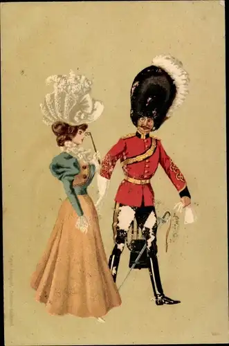 Litho Liebespaar, Frau mit Federhut, Soldat in Uniform