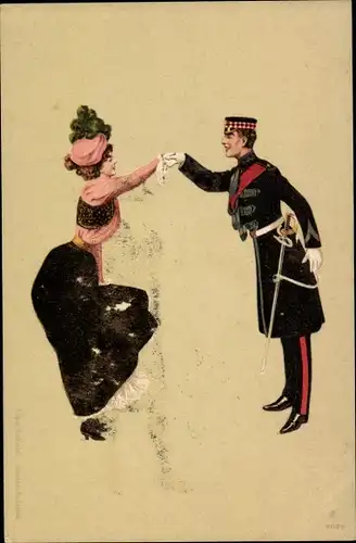 Litho Liebespaar, Begrüßung, Mann in Uniform, Säbel