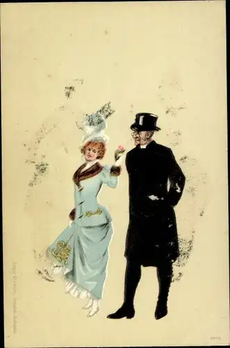 Litho Liebespaar, Spaziergang, Nobler Mann, Schwarzer Mantel