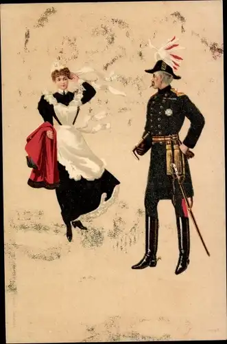 Litho Liebespaar, Zimmermädchen und Soldat in Uniform