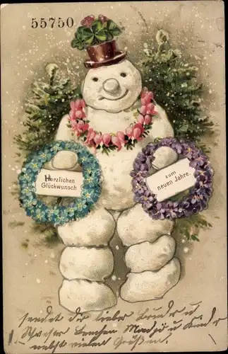 Präge Litho Glückwunsch Neujahr, Schneemann, Glücksklee, Blumen