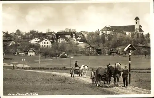 Ak Rott am Inn Oberbayern, Blick auf den Ort, Fuhrwerk, Pferde