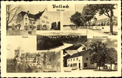 Ak Pullach im Isartal Oberbayern, Schule, Postamt, Berchmanns-Colleg, Burg