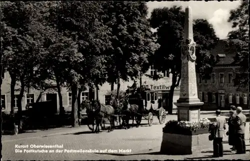 Ak Oberwiesenthal im Erzgebirge, Die Postkutsche an der Postmeilensäule auf dem Markt