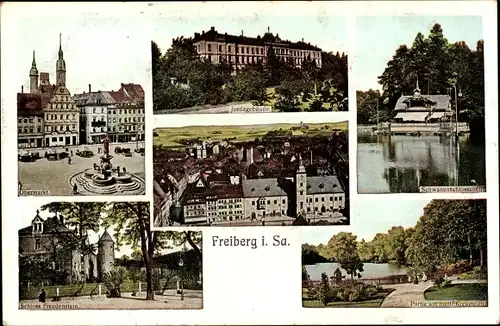 Ak Freiberg in Sachsen, Schloss Freudenstein, Obermarkt, Schwanenschlößchen, Justzigebäude