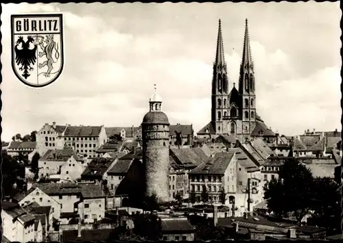 Ak Görlitz in der Lausitz, Blick über die Altstadt, Peterskirche, Nicolaiturm, Wappen