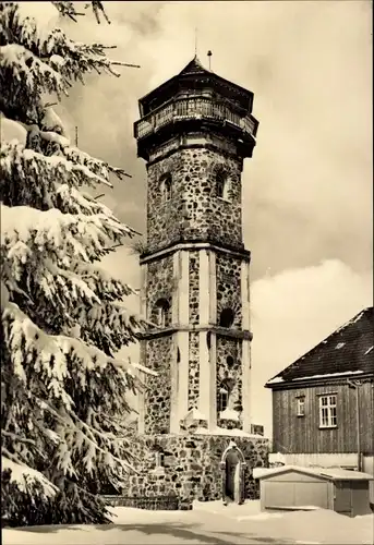 Ak Scheibenberg im Erzgebirge, Berghaus mit Aussichtsturm, Winter