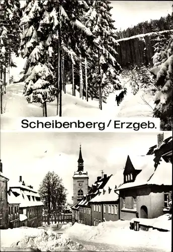 Ak Scheibenberg Erzgebirge, Straßenansicht, Kirche, Schnee, Winter