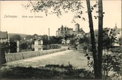 Ak Zschopau im Erzgebirge Sachsen, Blick zum Schloss, Wehr