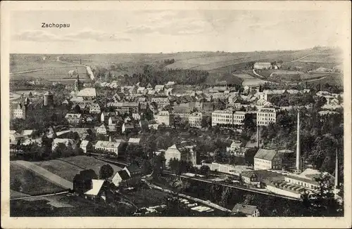 Ak Zschopau in Sachsen, Ortsansicht mit Kirche, Fabrik