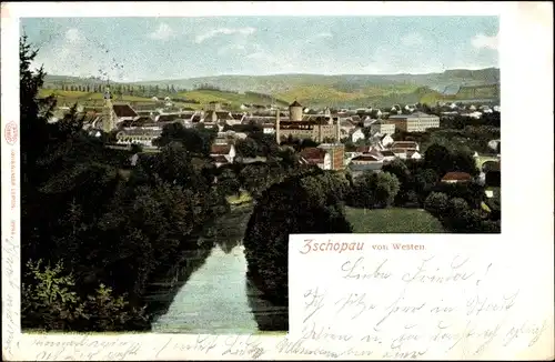 Ak Zschopau im Erzgebirge Sachsen, Stadtansicht von Westen, Flusspartie, Kirche