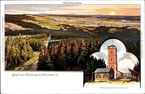 Künstler Ak Schönheide im Erzgebirge Sachsen, West Panorama vom Kuhberg aus, Prinz Georg Turm