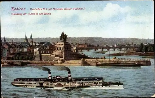 Ak Koblenz am Rhein, Deutsches Eck, Kaiser Wilhelm-Denkmal, Mündung der Mosel in den Rhein