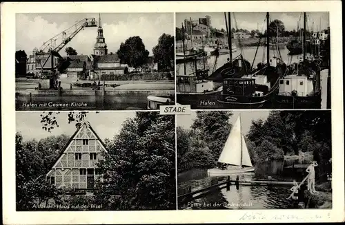 Ak Stade in Niedersachsen, Hafen mit Cosmae Kirche, Badeanstalt