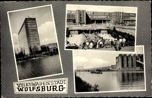 Ak Wolfsburg in Niedersachsen, VW Werk, Blick vom Flussufer